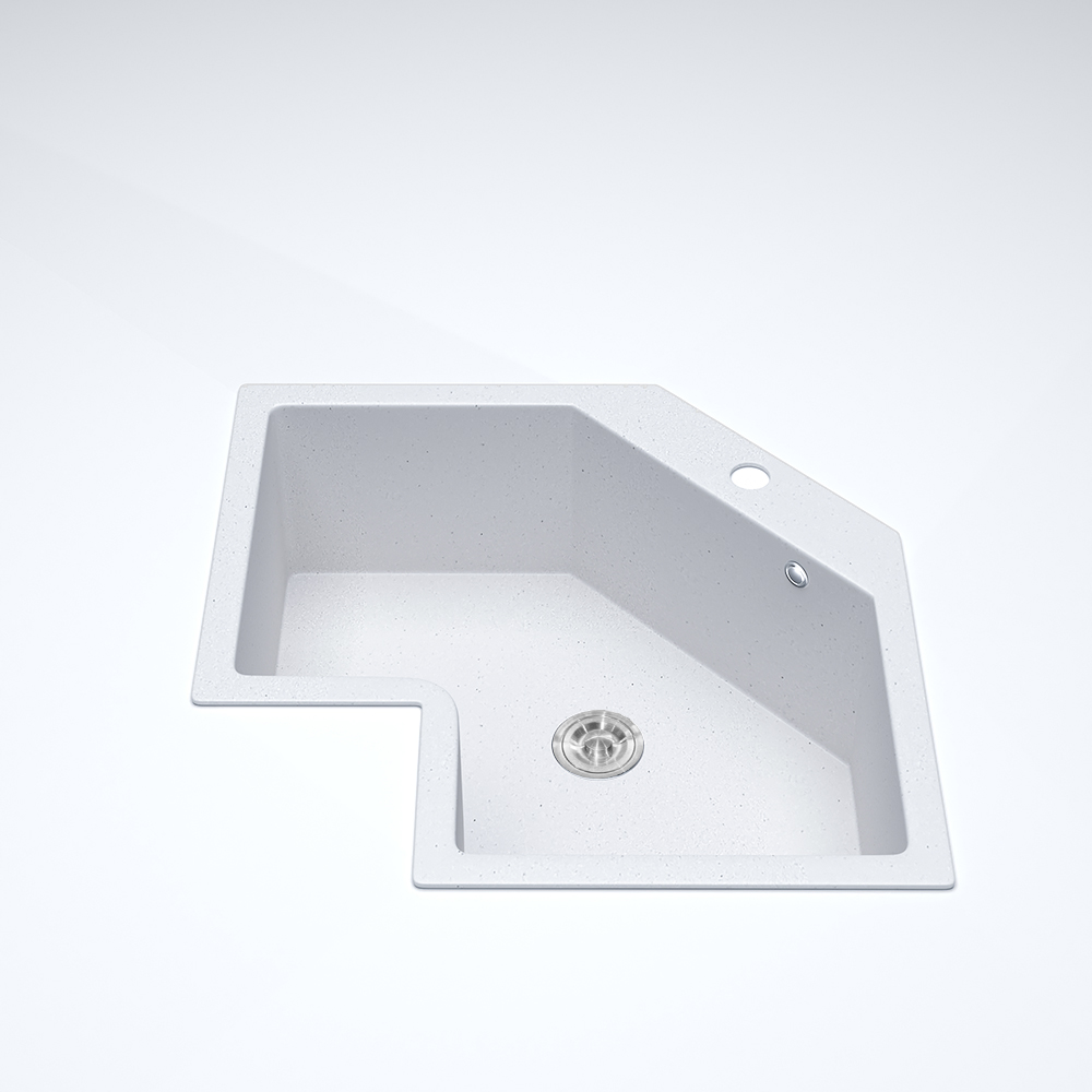 25" White Drop In Corner Kitchen Sink Modern Single Bowl Quartz Irregular Sink