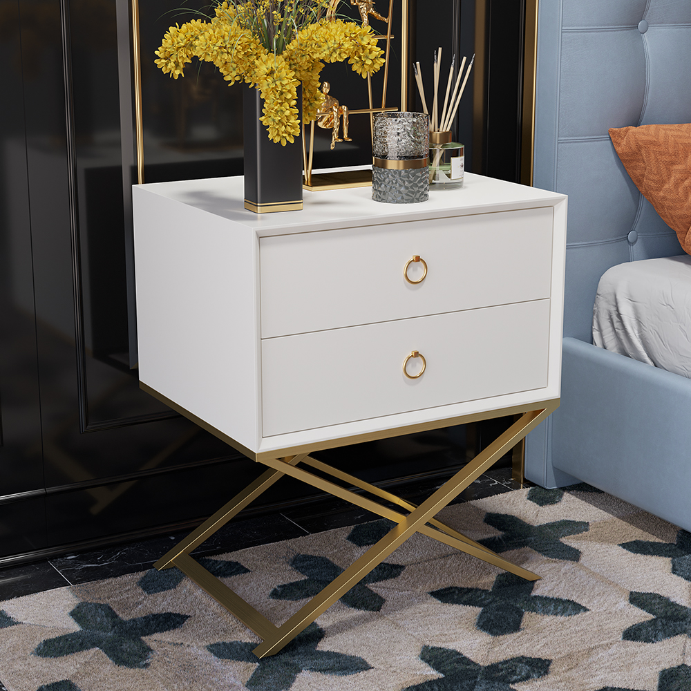 Image of 19.7" Modern White Nightstand with 2 Drawers X-Shaped Pedestal