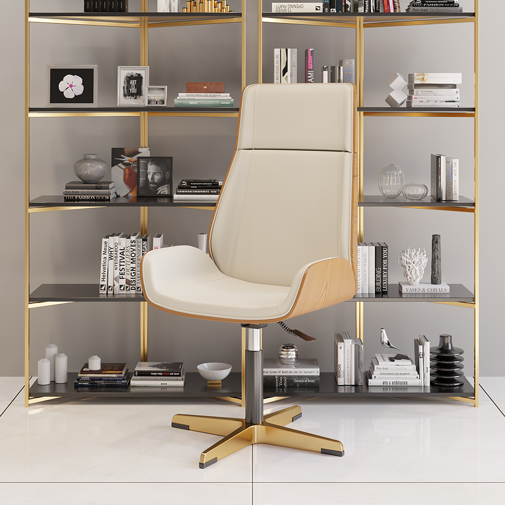 Image of Leather Office Desk Chair High Back Adjustable Swivel Executive Chair in White & Gold
