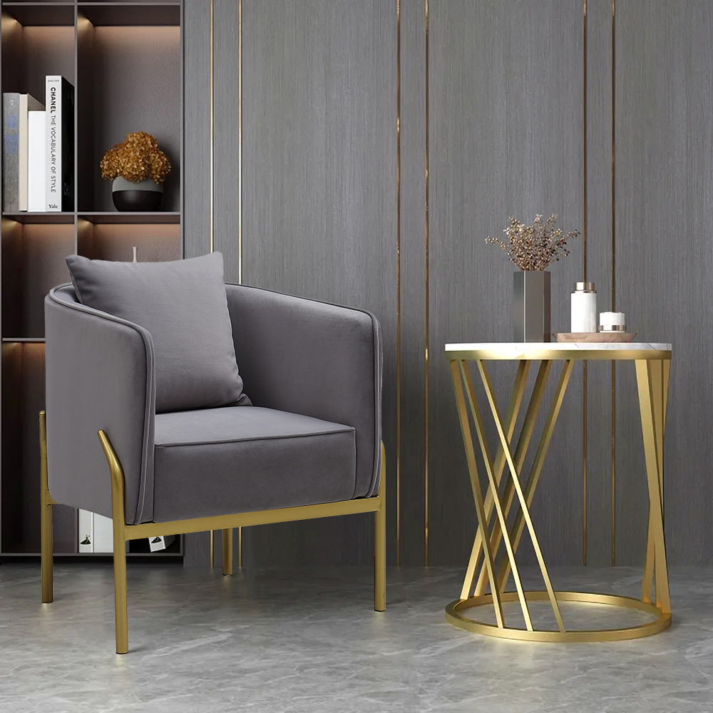 Grey Velvet Accent Chair Modern Upholstered Arm Chair with Gold Legs