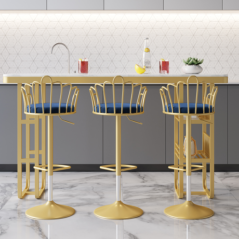 Blue Velvet Counter Height Swivel Bar Stools (Set of 2) with Back ＆ for Kitchen Island Kitchen