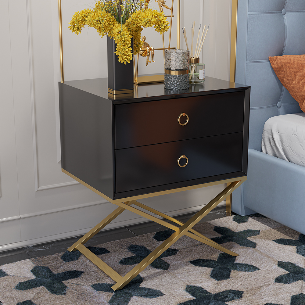 Image of 19.7" Modern Black Nightstand with 2 Drawers X-Shaped Pedestal