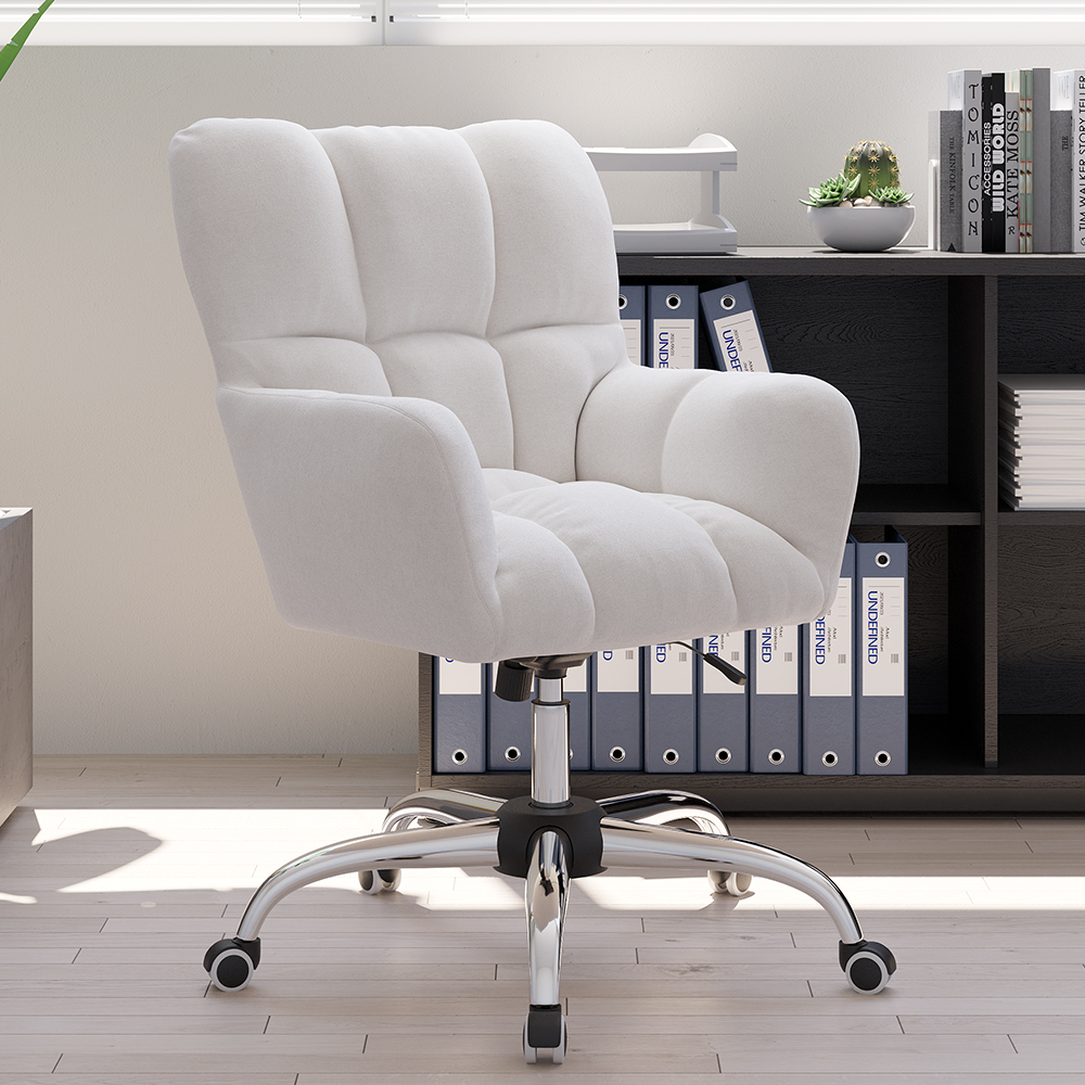 Modern White Office Chair Upholstered Cotton & Linen Swivel Task Chair Height Adjustable