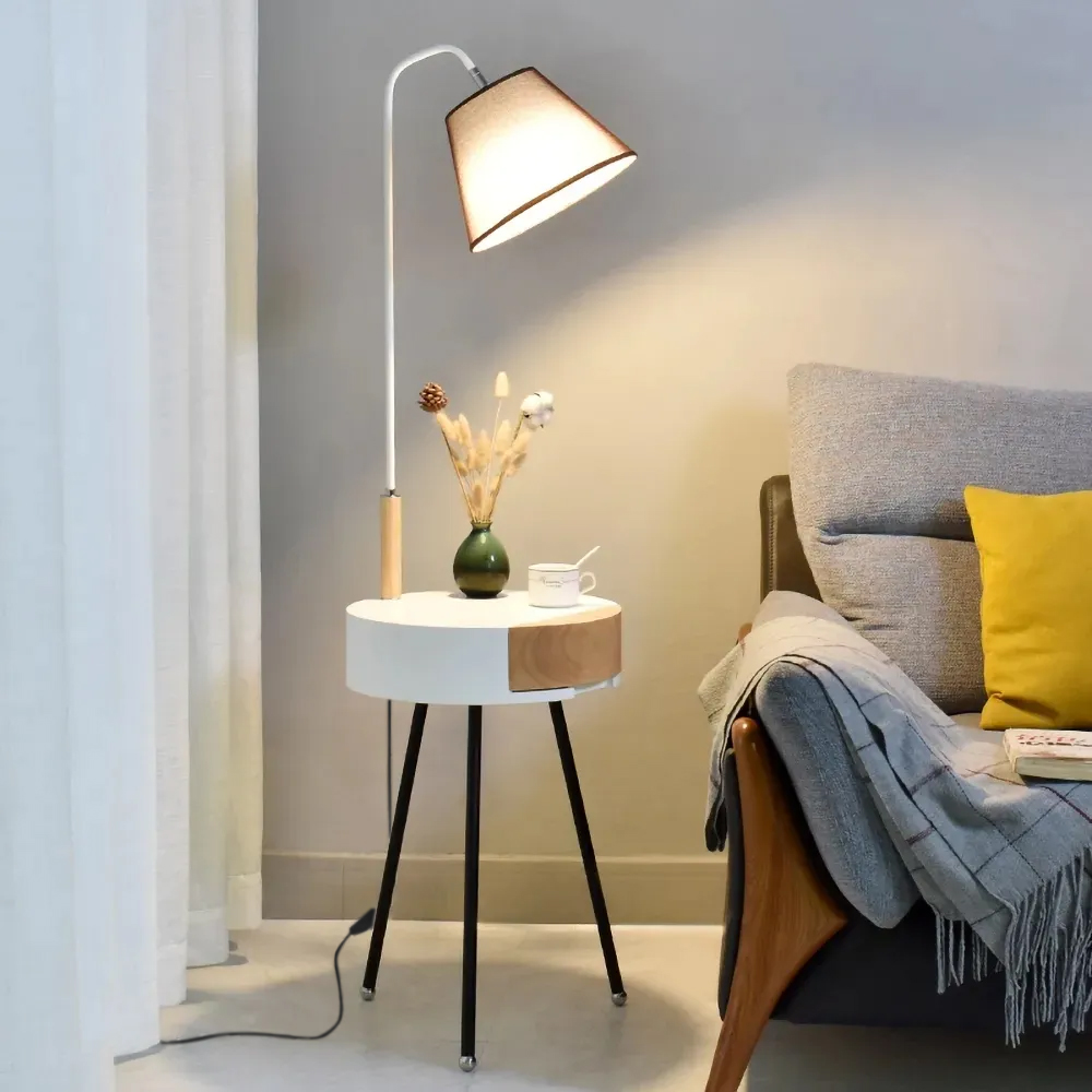 Image of Arc White LED Wooden End Table Tripod Floor Lamp Fabric Shade