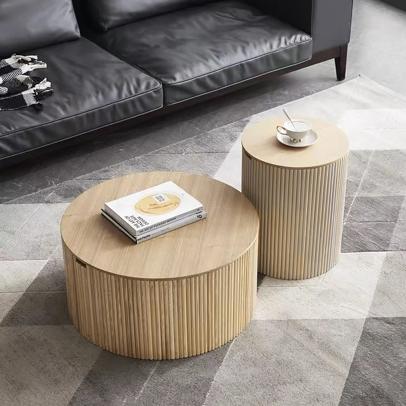 Modern Round Wood Coffee Table Set of 2 with Storage in Natural