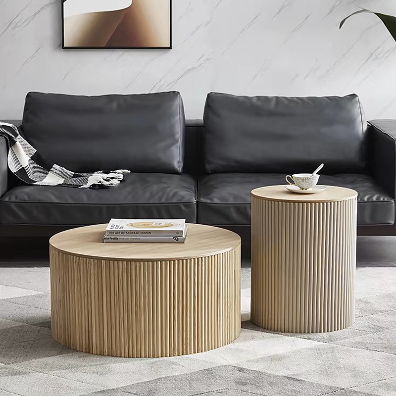 Japandi Round Wood Coffee Table Set of 2 with Storage in Natural