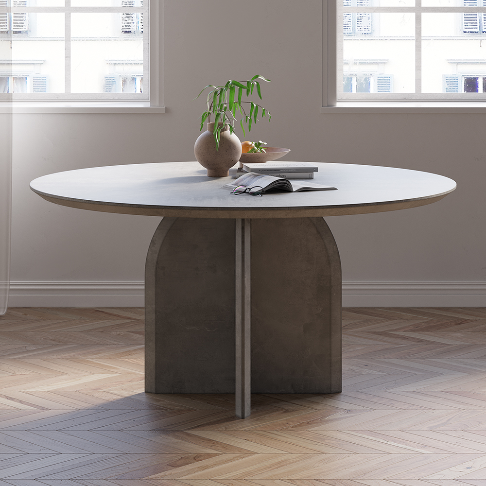 59" Modern Round Dining Table for 8 Gray Solid Wood Tabletop Pedestal Base