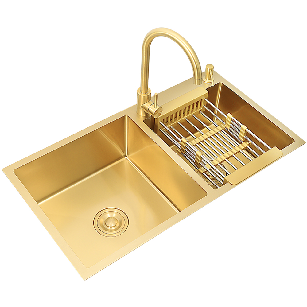32" Gold Stainless Steel Kitchen Sink Double Bowls Drop-In Sink with Drain and Overflow