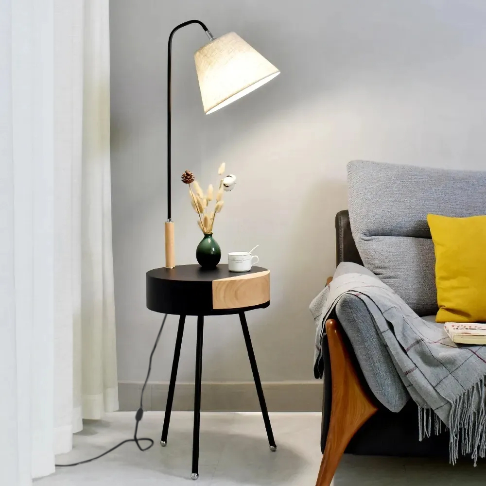 Image of Arc Black LED Wooden End Table Tripod Floor Lamp Fabric Shade