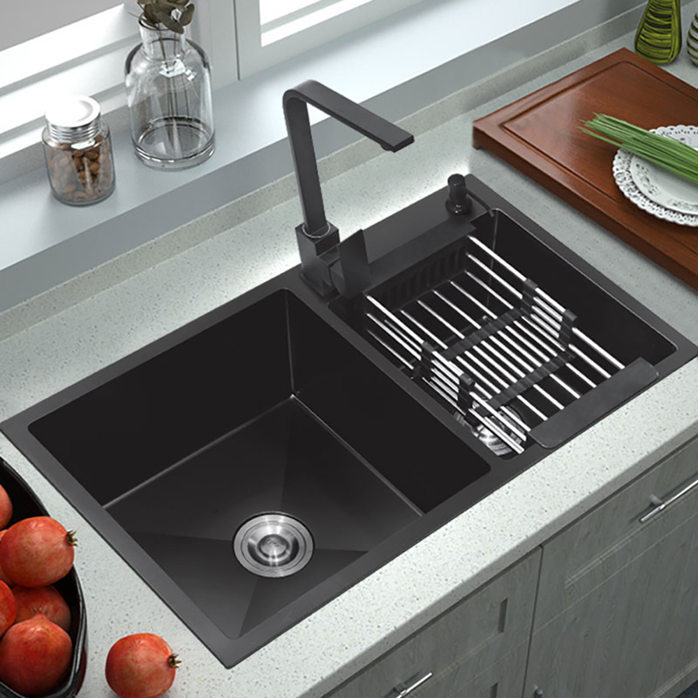32" Black Stainless Steel Kitchen Sink Double Bowls Drop-In Sink with Drain and Overflow