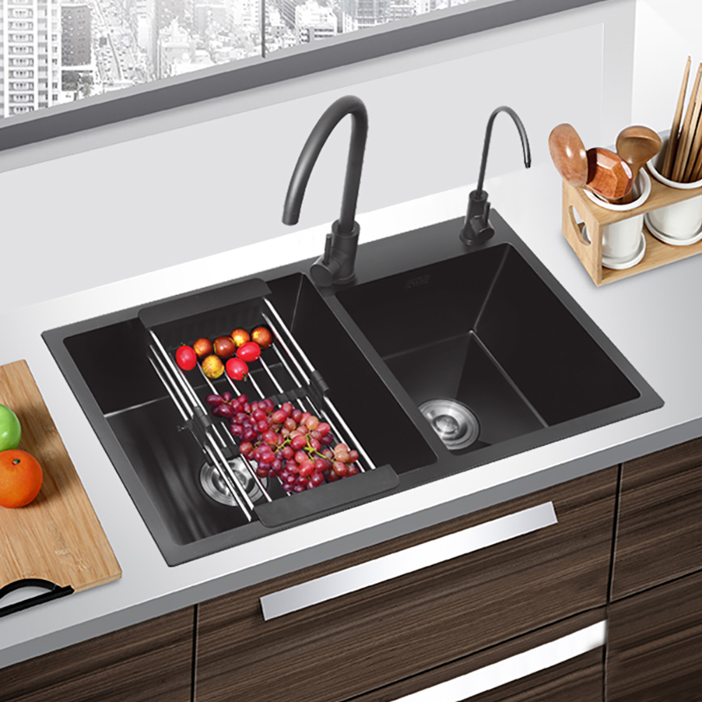 32" Black Stainless Steel Kitchen Sink Double Bowls Drop-In Sink with Drain and Overflow