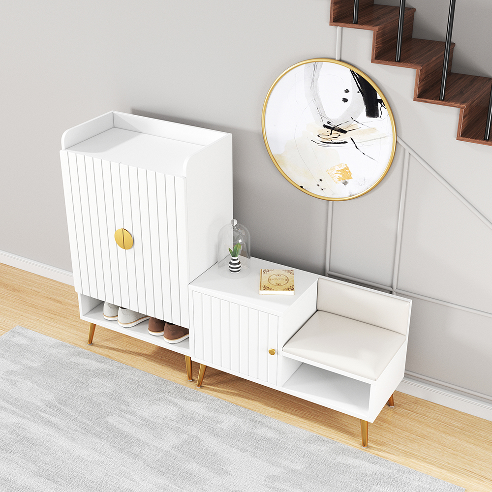 Yellar White Modern Upholstered Shoe Stand Bench with Storage Cabinet and Shelf Hallway