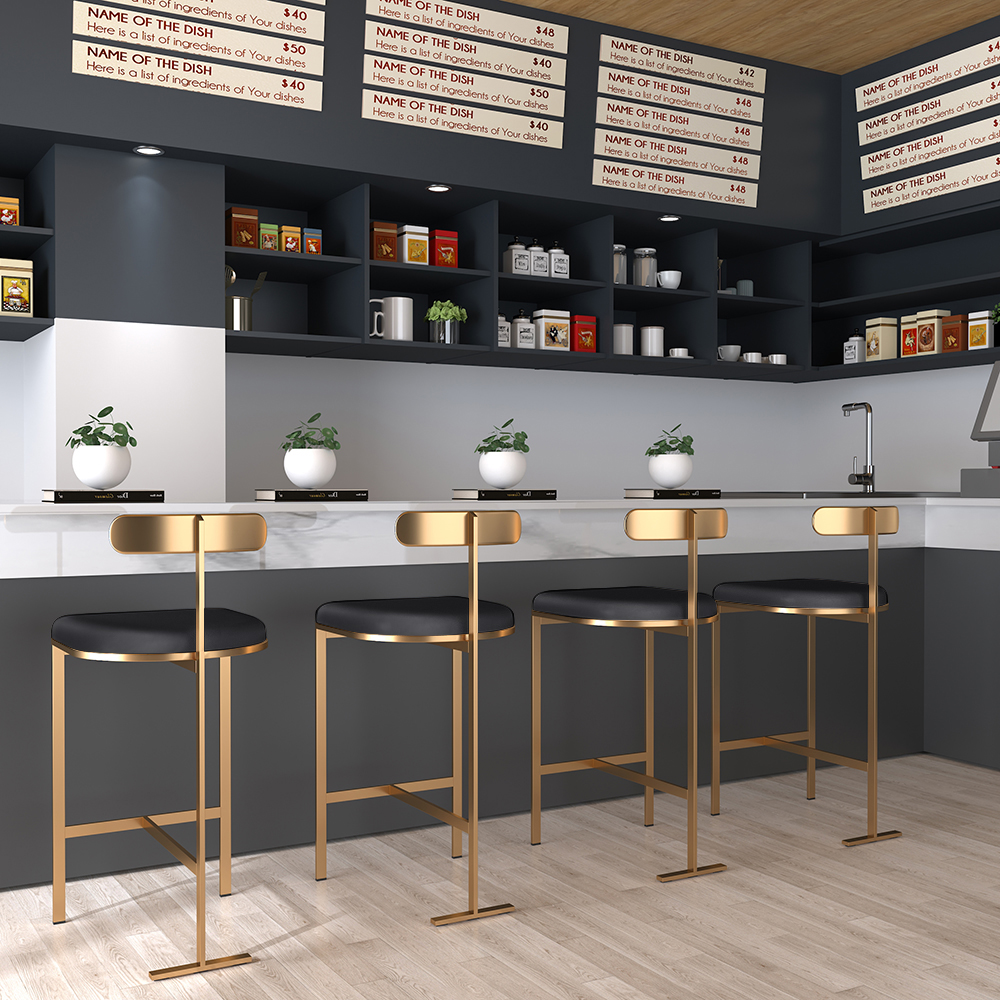 Image of Modern PU Leather Black Counter Height Bar Stools with Back Breakfast Kitchen Bar Stool