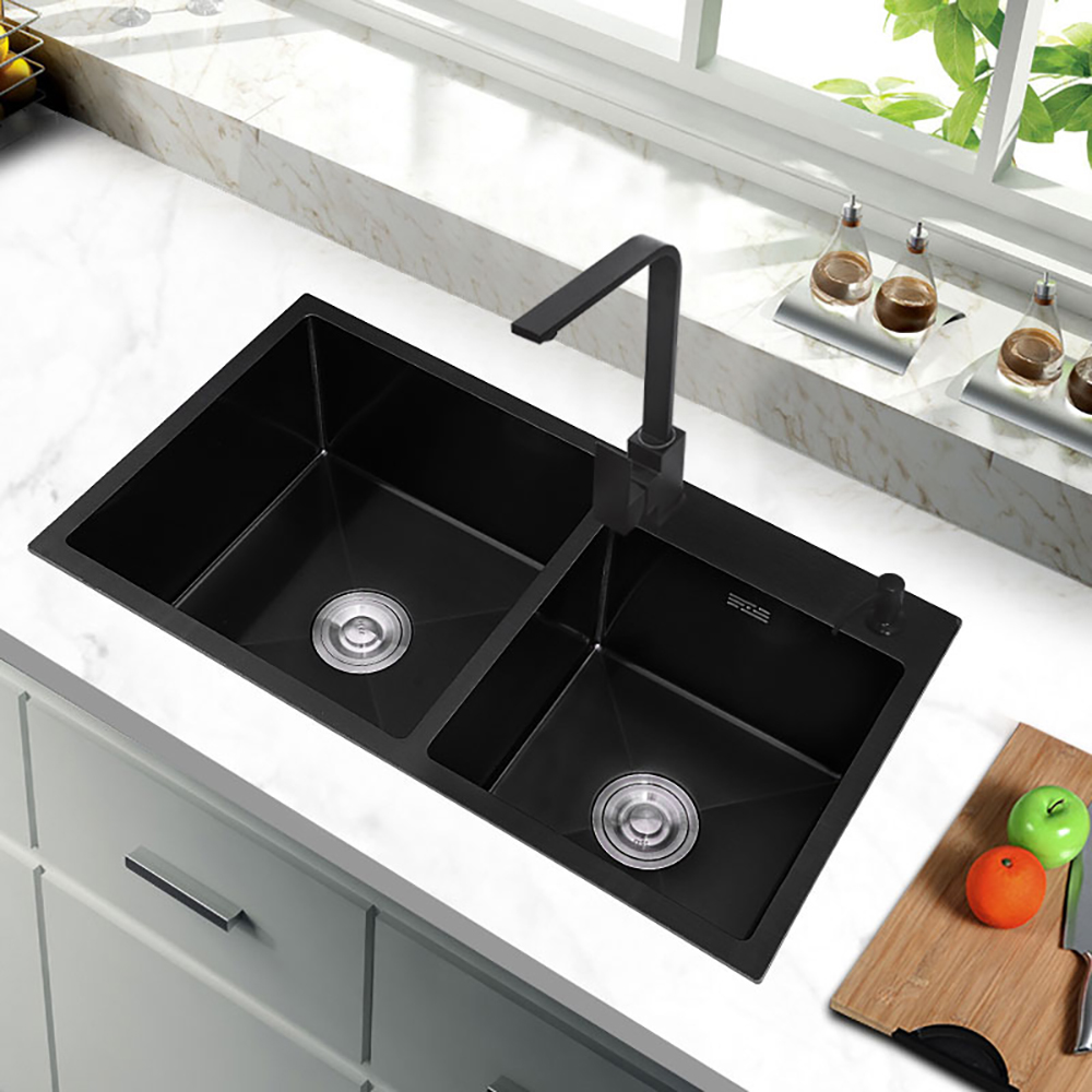 Image of 32" Black Stainless Steel Kitchen Sink Double Bowls Drop-In Sink with Drain and Overflow