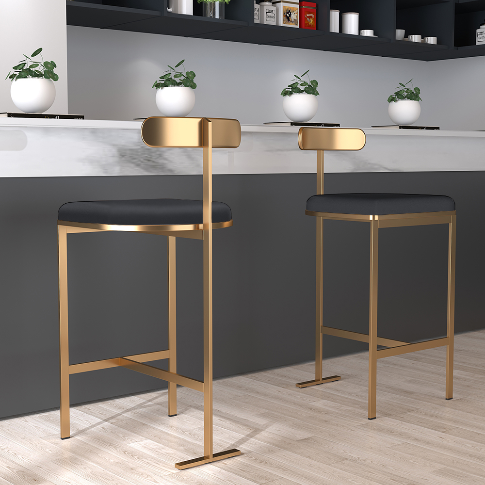 Modern PU Leather Black Counter Height Bar Stools with Back Breakfast