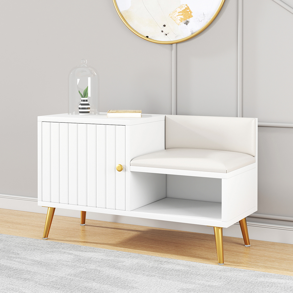 Yellar White Modern Upholstered Shoe Stand Bench with Storage Cabinet and Shelf Hallway