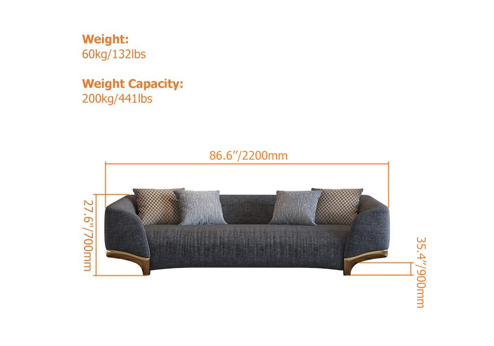 2200mm Grey 3-Seat Cotton & Linen Upholstered Sofa with Pillows Gold Legs