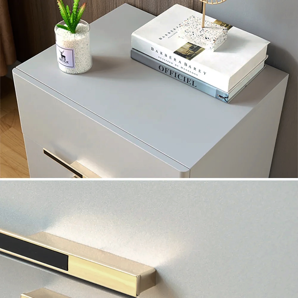 Grayish White Nightstand Modern 2-Drawer Bedside Table Gold Pulls
