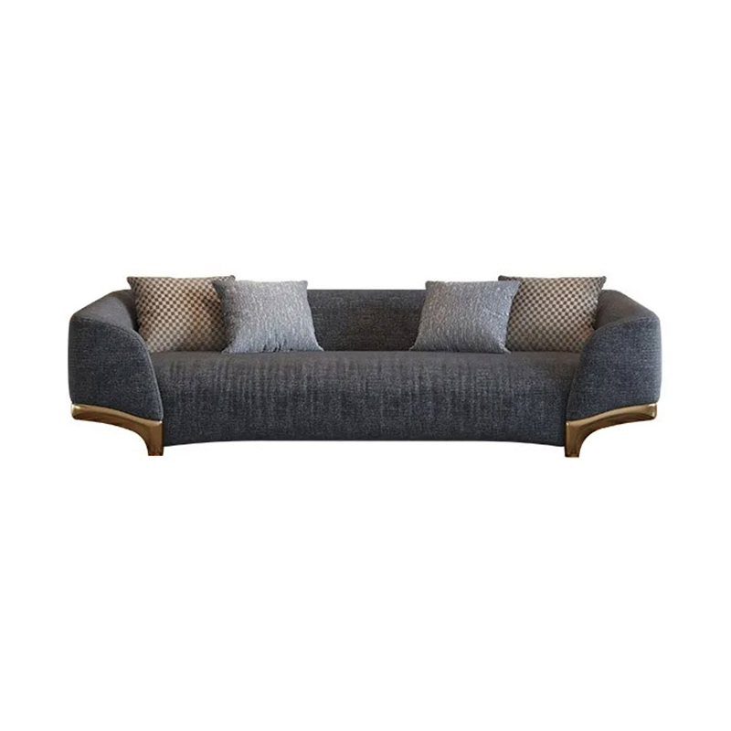 2200mm Grey 3-Seat Cotton & Linen Upholstered Sofa with Pillows Gold Legs