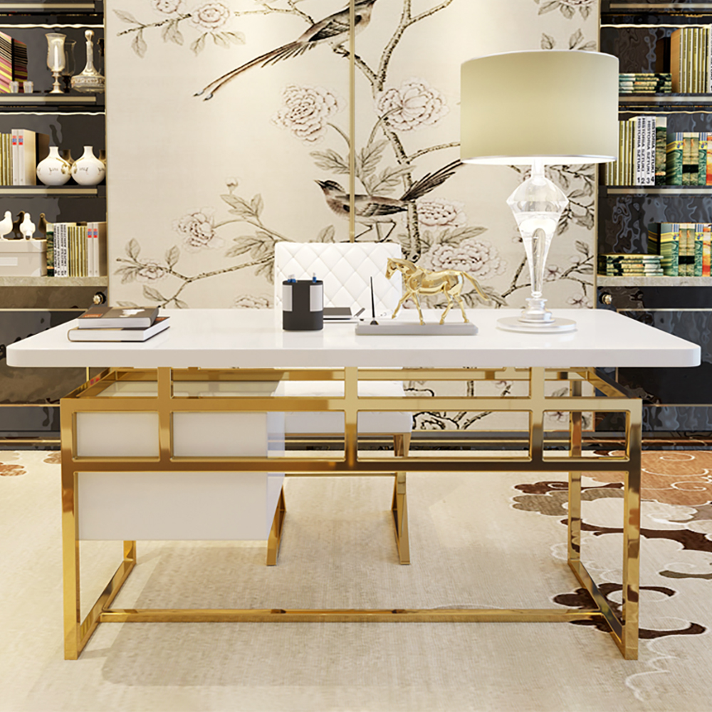 47" White Writing Desk Modern Computer Desk with 2Drawer in Gold