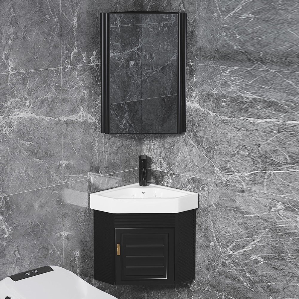 17" Black Floating Corner Bathroom Vanity with Medicine Cabinet Ceramics Integral Sink