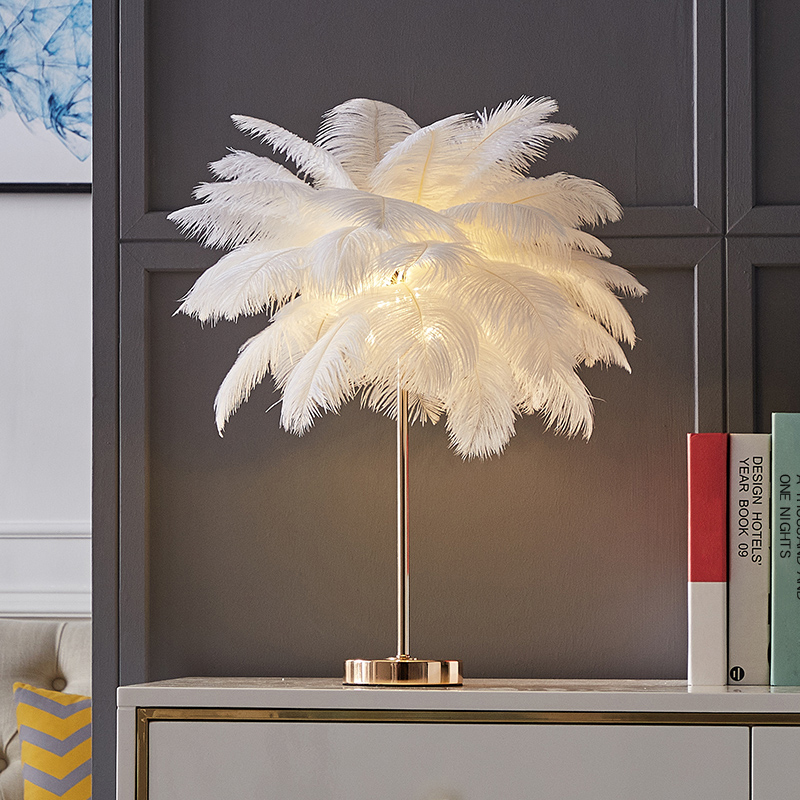 Image of White Feather Gold Table Lamp Modern Beside Desk Lamp for Bedroom