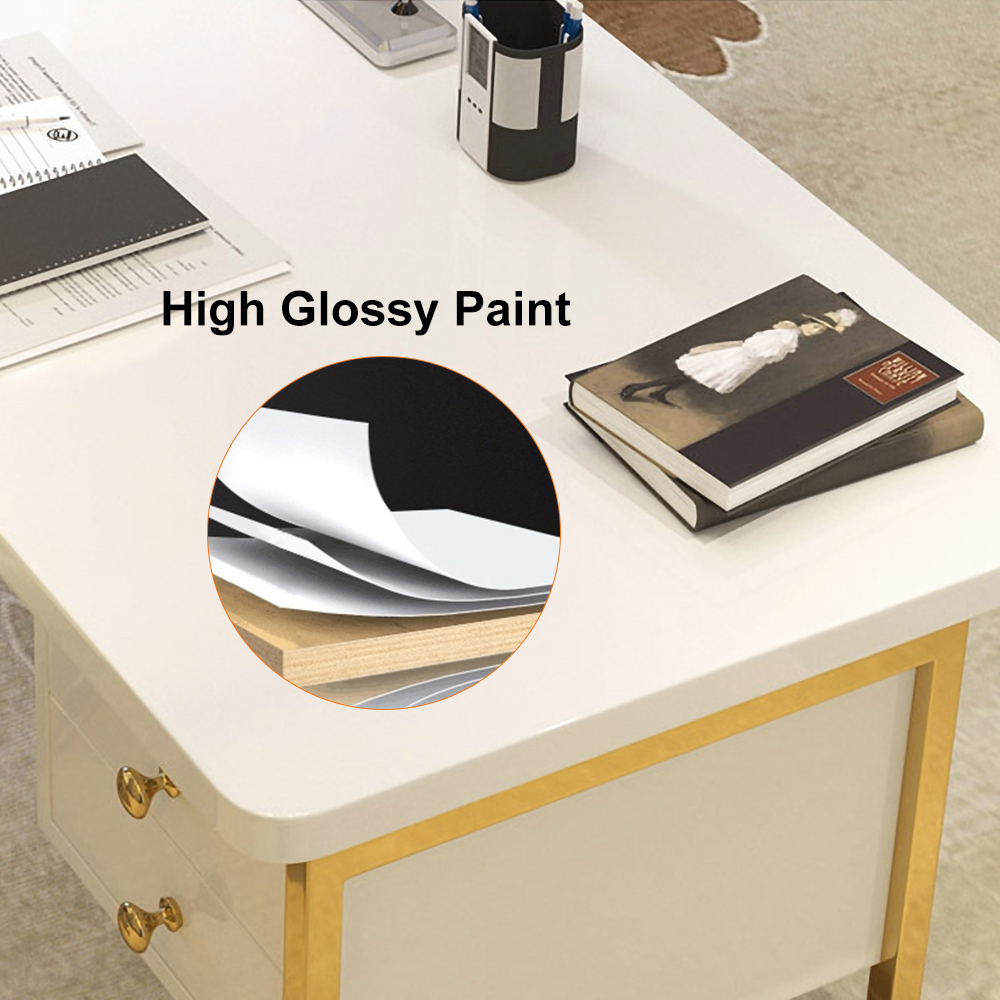 47" White Writing Desk Modern Computer Desk with 2Drawer in Gold