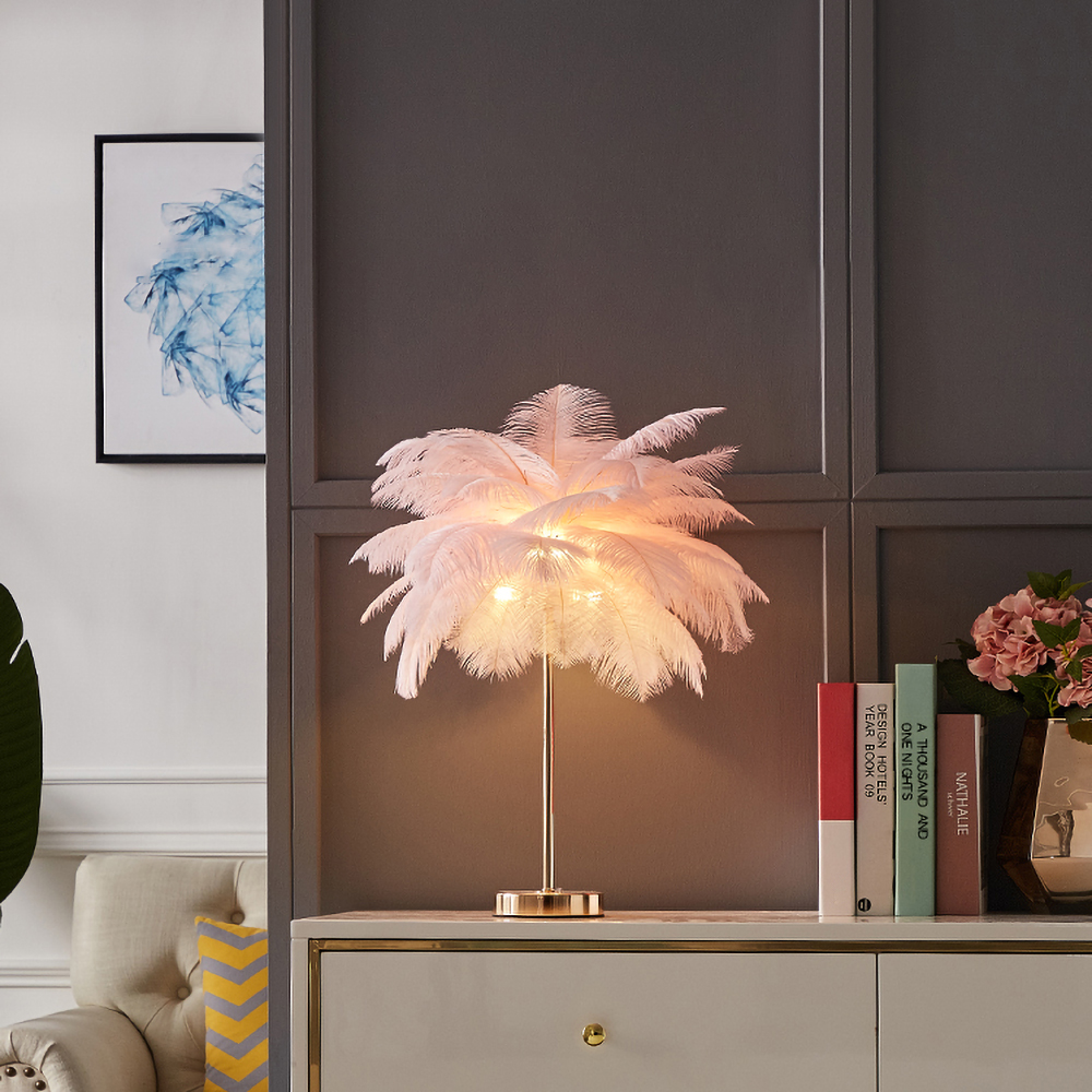 Image of Pink Feather Gold Table Lamp Unique Modern Style