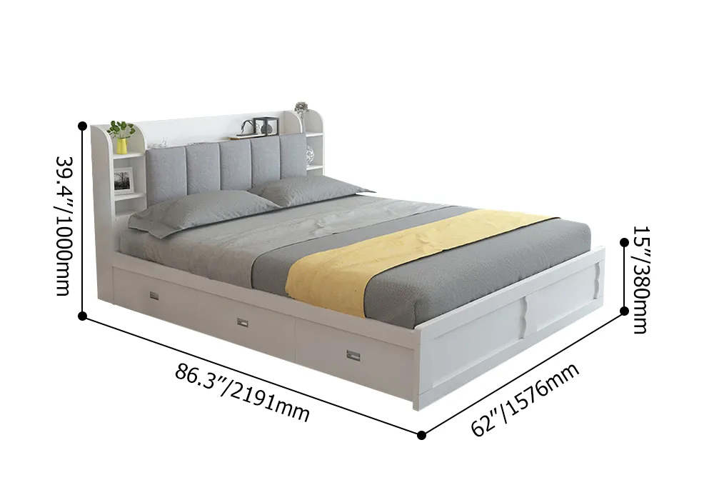 Modern White Storage Bed Low Profile Queen Bed with 3 Drawers Bedroom