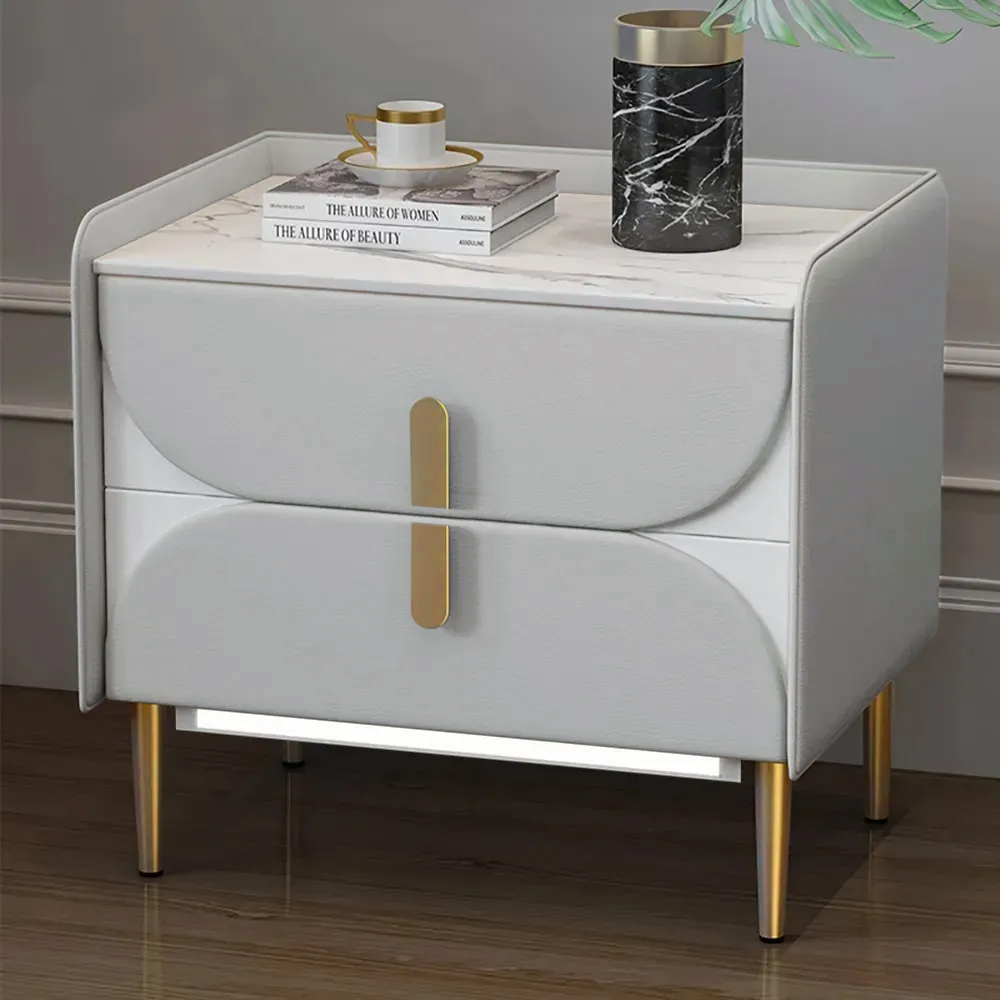 Luxury Gray Nightstand Sintered Stone Top Microfiber Leather Upholstery with LED Light