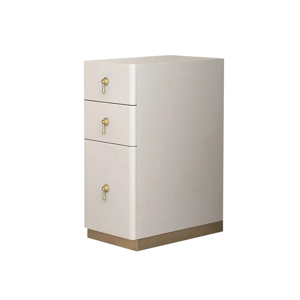 Off White 3-Drawer Nightstand Narrow Bedside Table with Faux Leather Upholstery