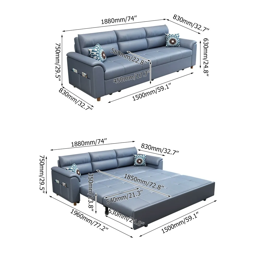 1880mm Blue Full Sleeper Convertible Sofa with Storage & Pockets Sofa Bed