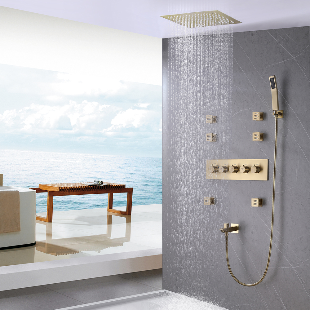 Ceiling-Mounted 16" Shower System in Brushed Gold 4-Function Thermostatic