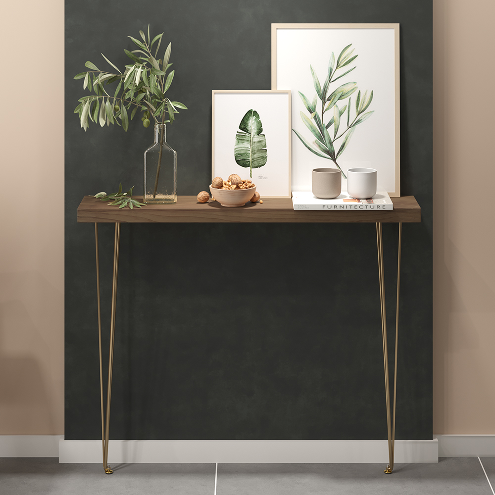 59" Modern Walnut Narrow Rectangular Console Table with Wooden Top Metal Legs