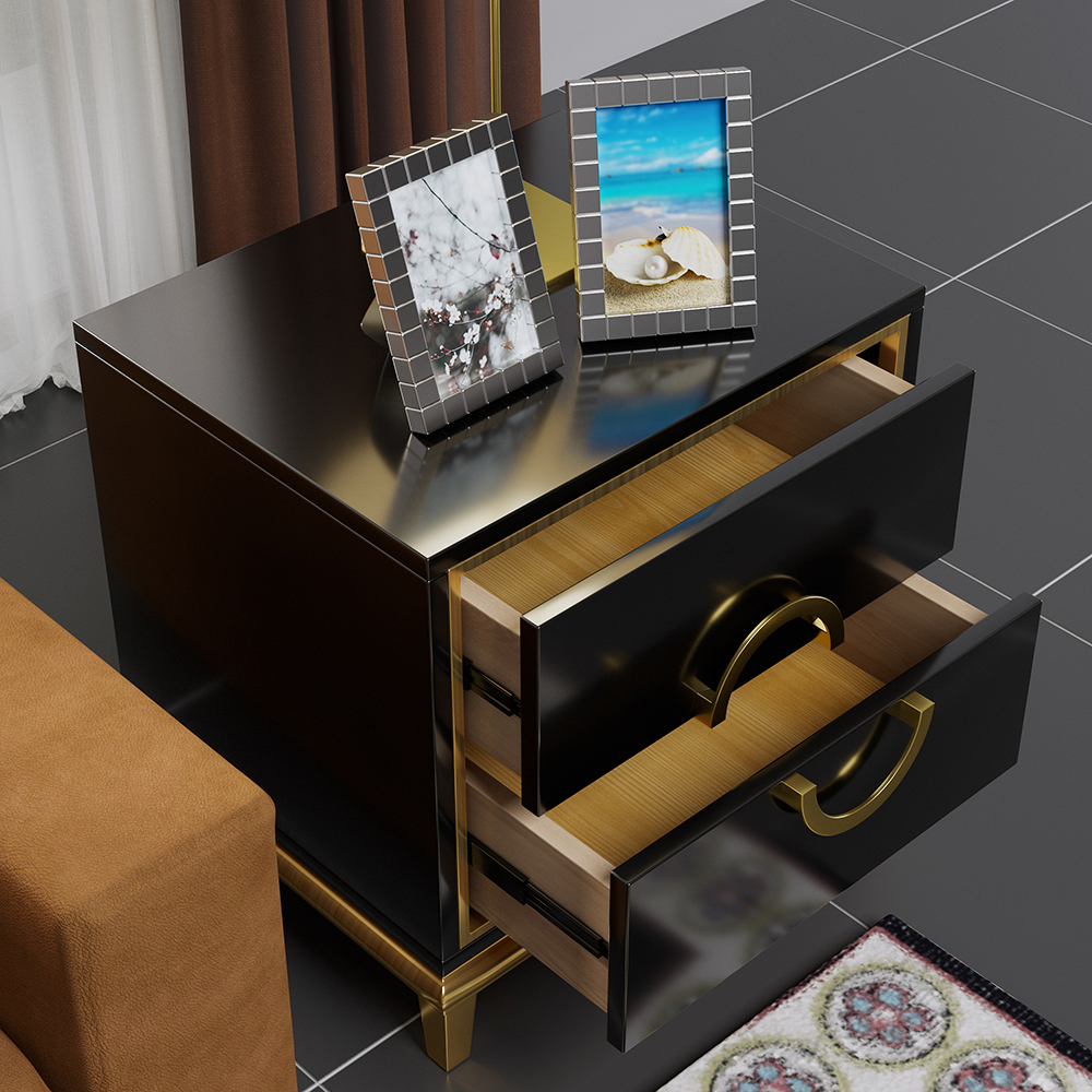 Black Bedside Table & Gold Pulls with 2 Drawers Square Bedside Table