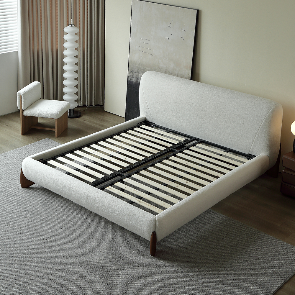Modern White Boucle Platform Bed King Size Bed Frame with Upholstered ...