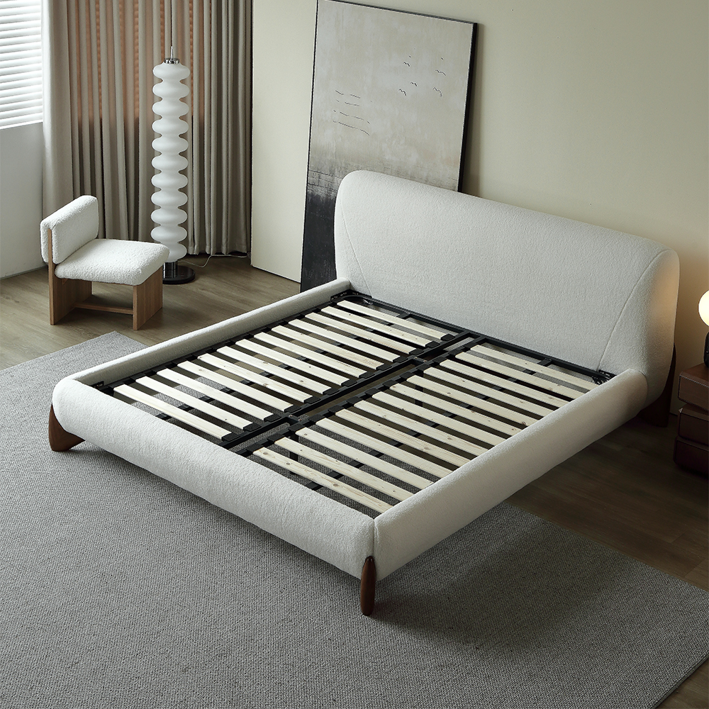 Modern White Boucle Platform Bed King Size Bed Frame with Upholstered