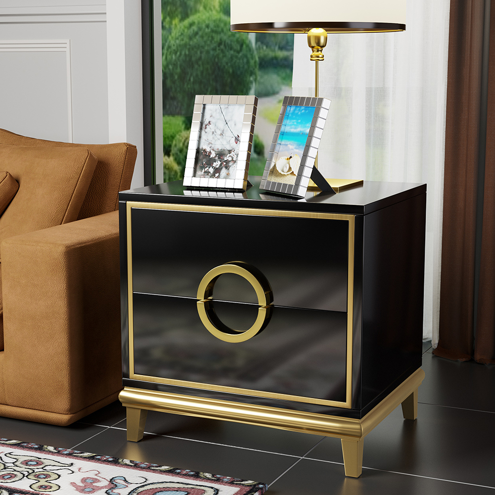Tile Black Modern Nightstand with 2 Drawers in Gold Finish Square Bedside Table