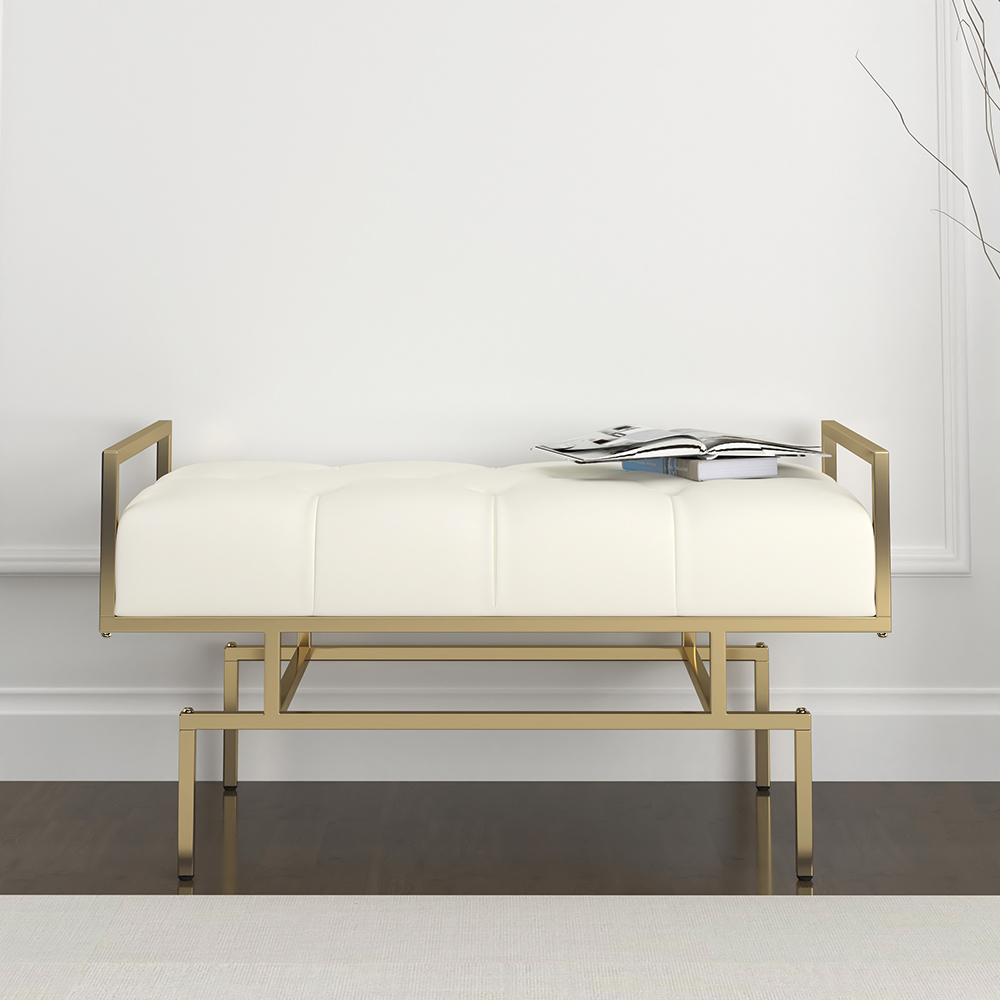 Modern White Hallway Bench Faux Leather Upholstered Tufted Bench Gold Legs