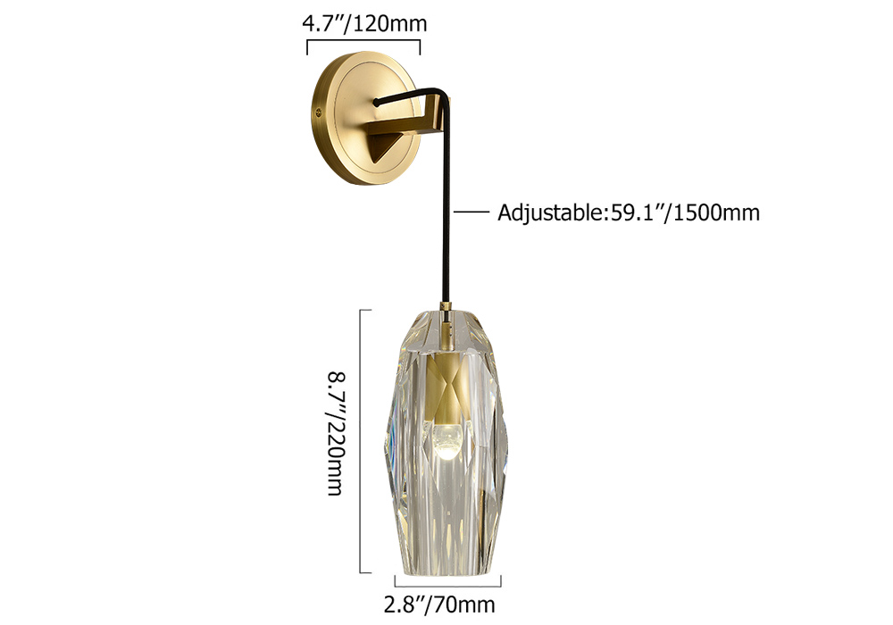Modern Antique Brass 1-Light Crystal Wall Sconce with Adjustable Cable for Bedroom
