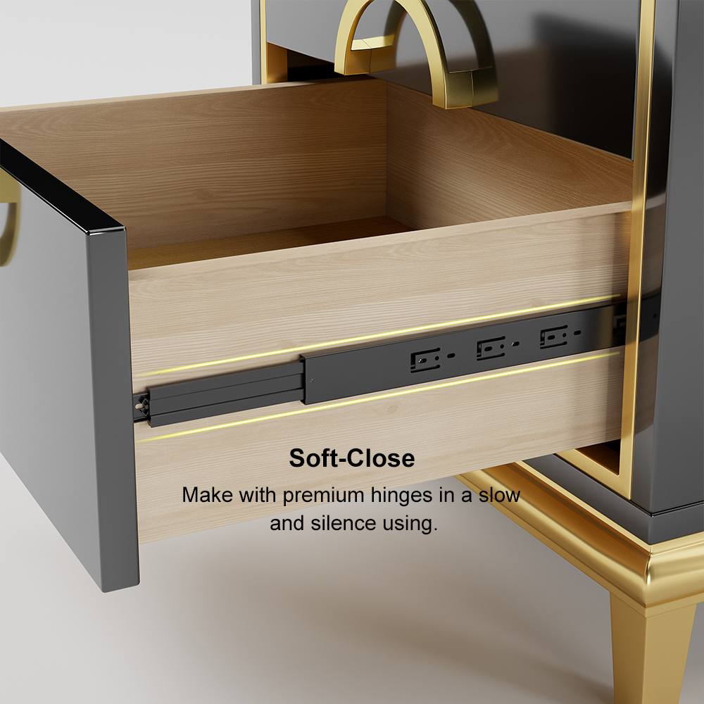 Black Nightstand & Gold Pulls with 2 Drawers Square Bedside Table