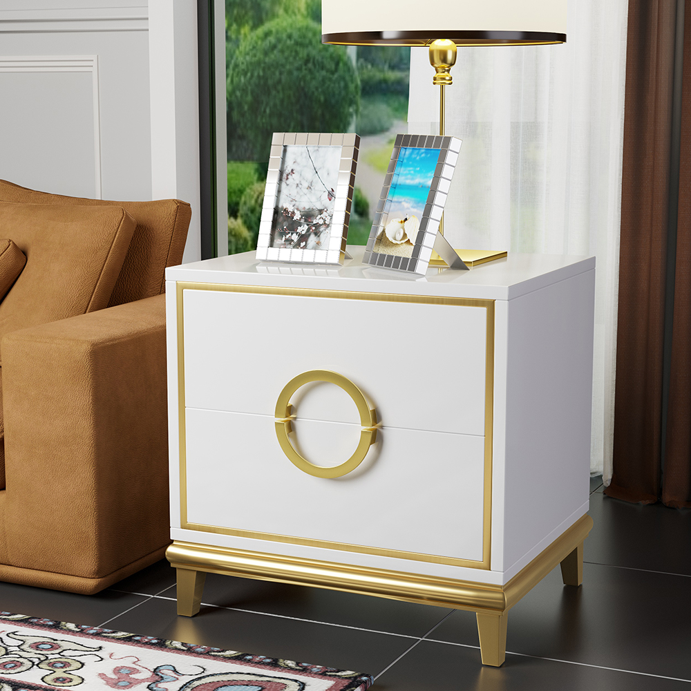 Tile White Square 2 Drawers Bedroom Nightstand with Gold Legs