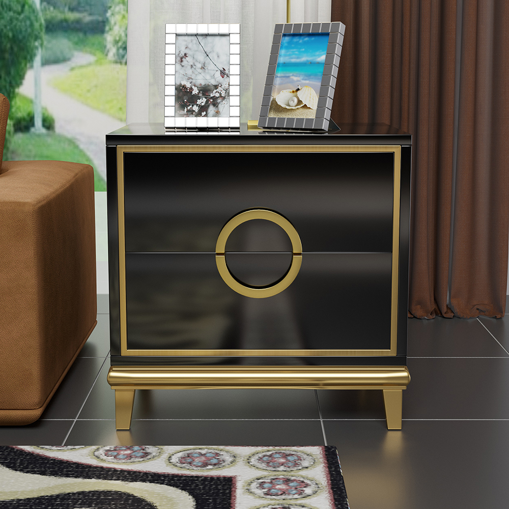 Tile Black Modern Nightstand with 2 Drawers in Gold Finish Square Bedside Table
