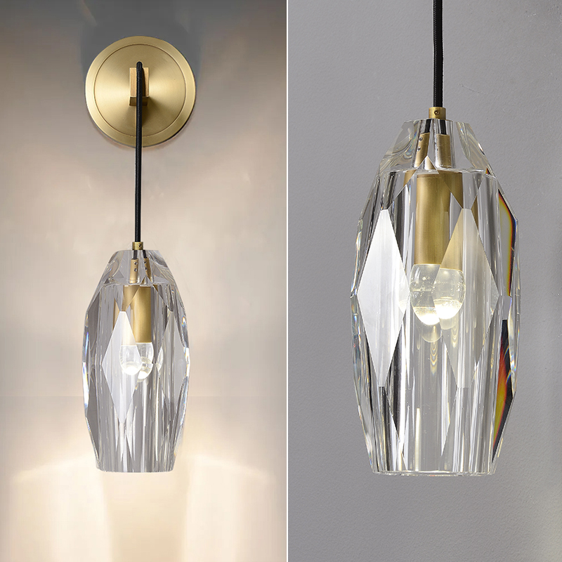 Modern Antique Brass 1-Light Crystal Wall Sconce with Adjustable Cable for Bedroom