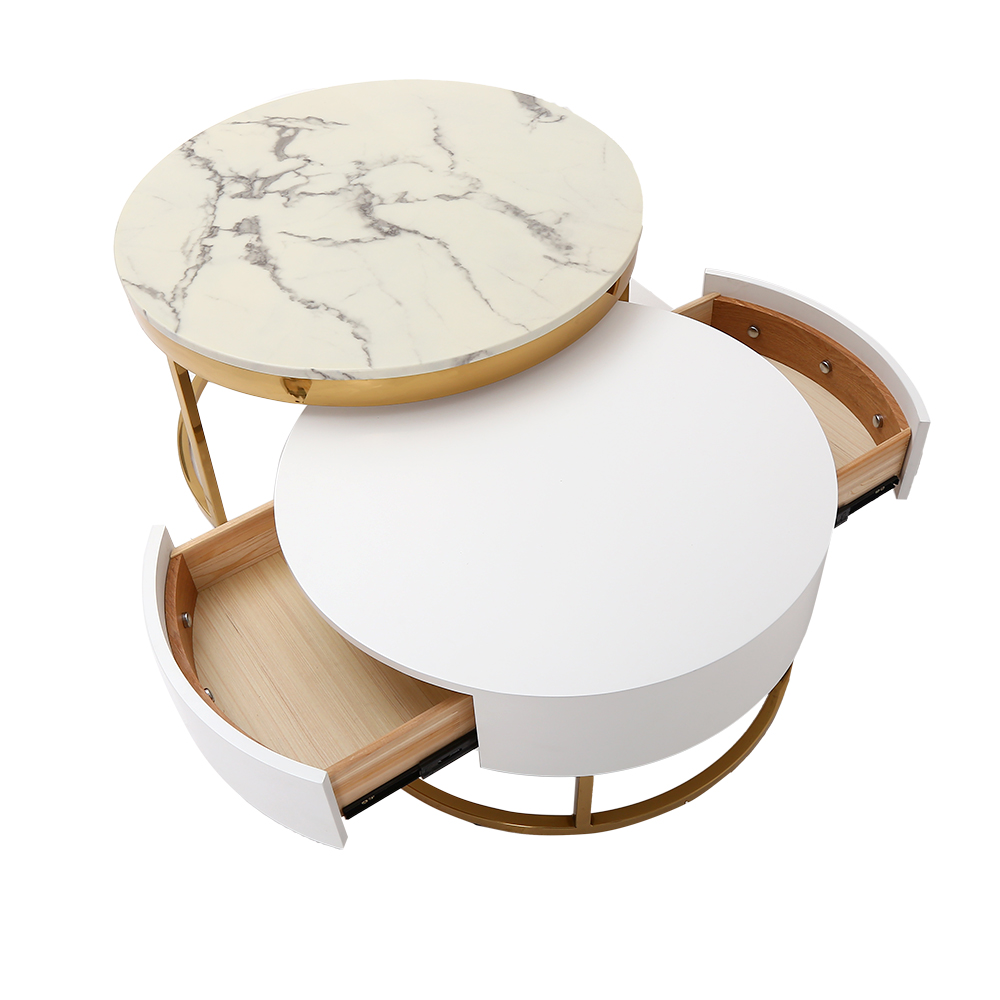 Modern Round Stone Nesting Wood Coffee Table with Drawers in Stone & White