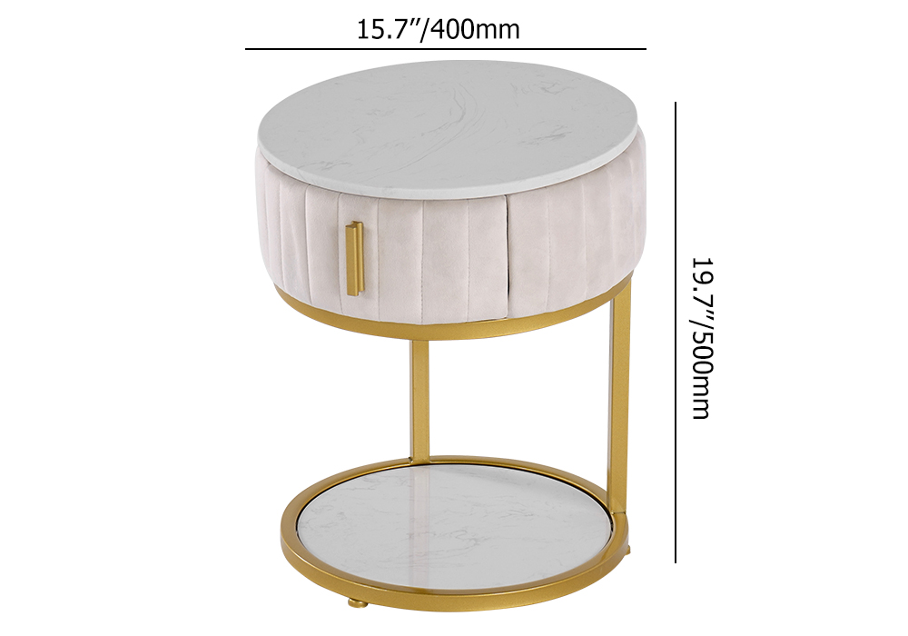 White Round Faux Marble Side Table with Storage Velvet Gold Finish
