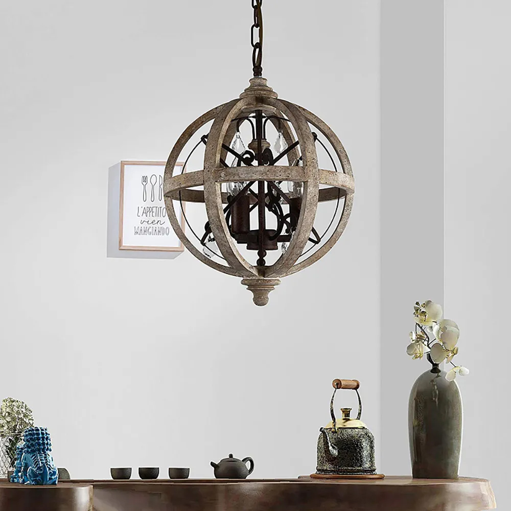 Retro Rustic Weathered Wooden Globe Metal Orb Crystal 3Light