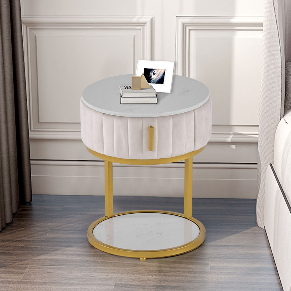 White Round Faux Marble Side Table with Storage Velvet Gold Finish