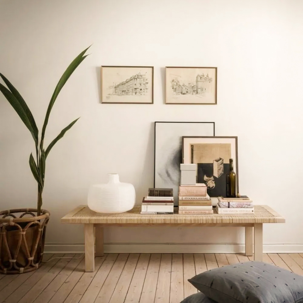 Japandi Innovative Woven Rattan Entryway Bench in Natural Hallway