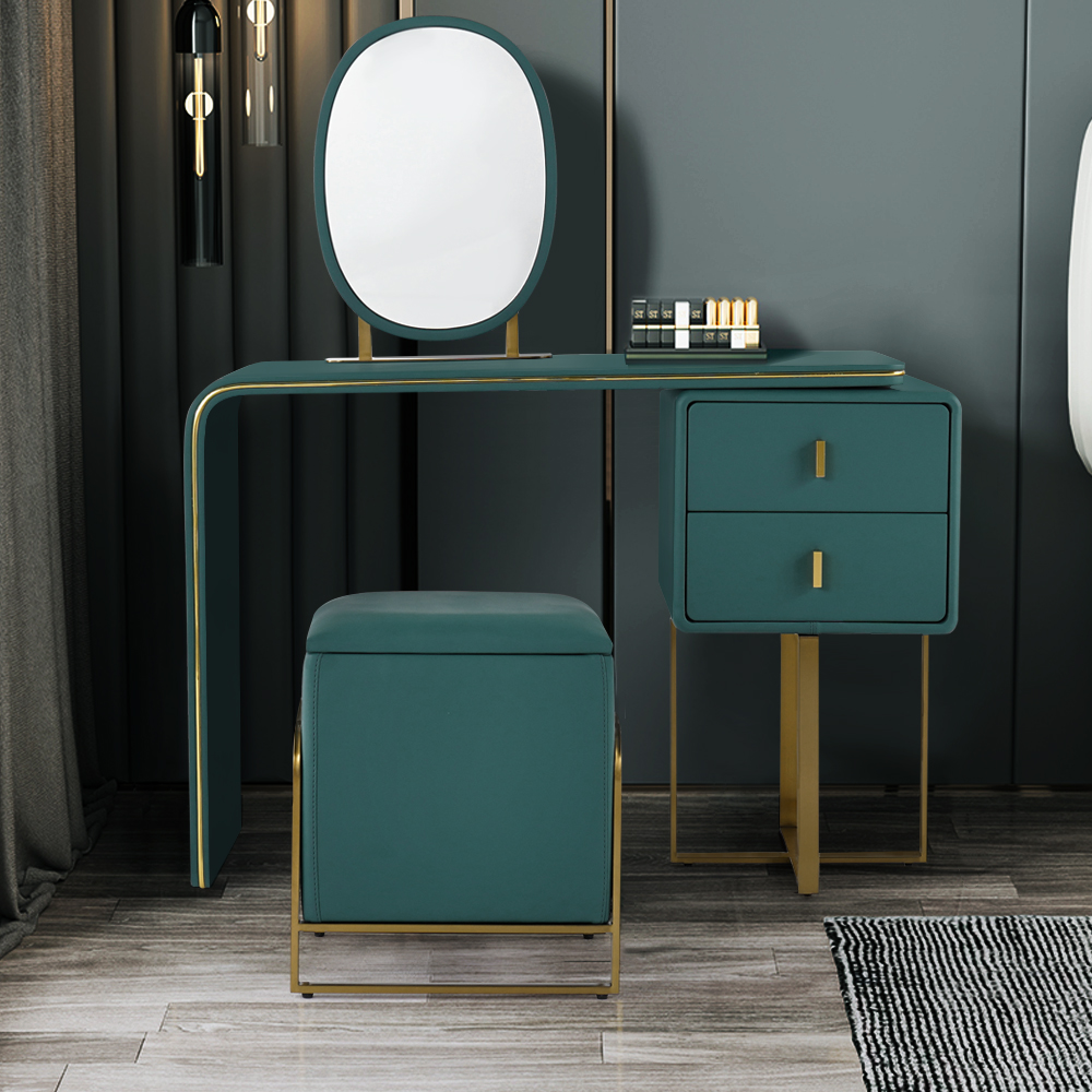Image of Green Makeup Vanity Set Expandable Dressing Table with Mirror&Side Cabinet&Stool